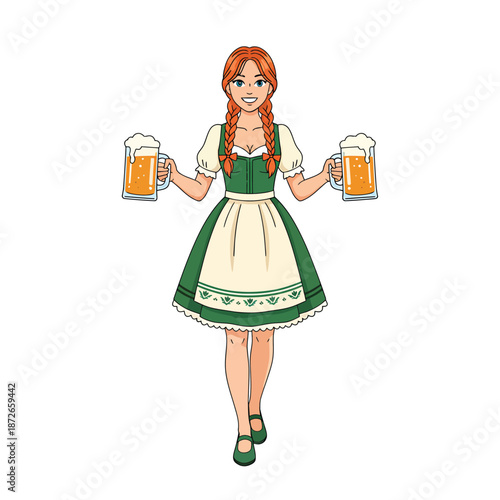 A smiling woman in traditional dress carrying two mugs of frothy beer