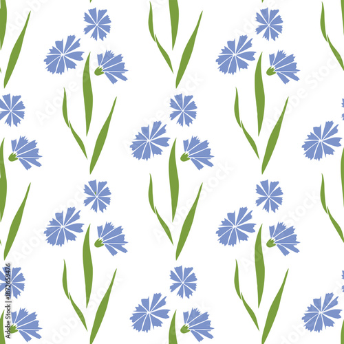 Seamless pattern of stylized blue cornflowers and green leaves on white background