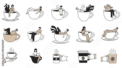 Creative illustrations of people enjoying coffee in cups and mugs, promoting a lifestyle of relaxation and productivity with beverages