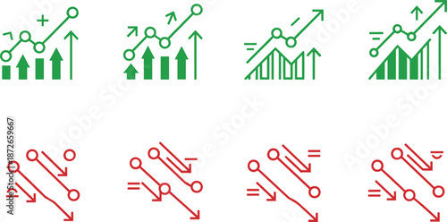 Financial trend icons set with rising growth charts, declining stock arrows, market analytics symbols, and economic performance graphics