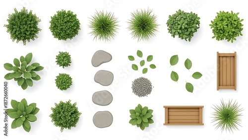 Top view landscape garden plants paving stones wood fence
