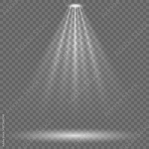 White spotlight beam with stage light effect on transparent background, Realistic bright stadium projector light with rays and floor glow, Vector transparency light effect with volumetric fog and floo