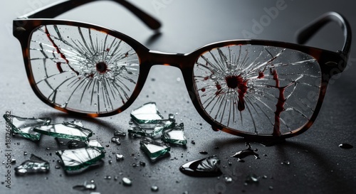Shattered Brown Glasses with Blood on Dark Background