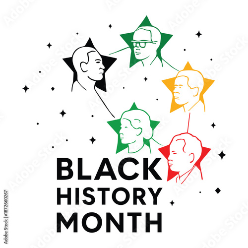 Black History Month celebration with diverse portraits within colorful stars and scattered sparkles diversity