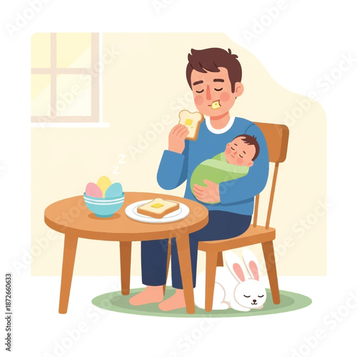 Father feeding baby in kitchen.