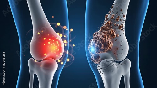 Medical illustration of human knee joint showing healthy and damaged bone