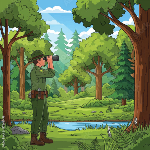 Man in green uniform looking through binoculars.