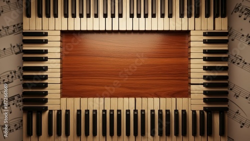 Close-up of an antique organ keyboard with sheet music background.