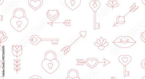 Seamless pattern for valentine days of delicate red line art love and romance icons including hearts, keys, locks, arrows, and flowers on a white background.
