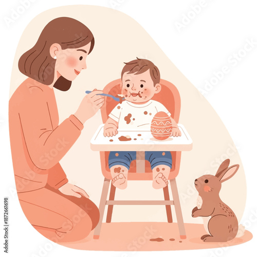 Mother feeding baby with spoon.