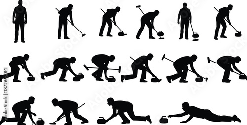 Set of curling player silhouettes, professional athletes sliding stones, sweeping with brooms, winter sport action poses, isolated vector icons on white.