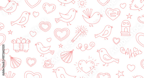 A charming seamless pattern for Valentine's Day featuring various pink line art illustrations of birds, hearts, stars, and other whimsical elements on a clean white background.