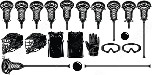 Set of lacrosse equipment icons including sticks, helmets, jerseys, gloves, goggles, and balls, isolated black vector illustrations for sports design.