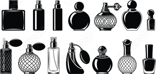 Set of Luxury Perfume Bottle Silhouettes and Fragrance Glassware Icons Featuring Various Shapes and Elegant Atomizer Sprayers Isolated on White