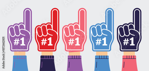 Cartoon Fan Gloves Hands Illustration, colorful foam fingers with number one gesture, sports support concept for football team banner design.