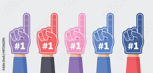 Cartoon Fan Gloves Hands Illustration, colorful foam fingers with number one gesture, sports support concept for football team banner design.