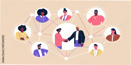 Diverse group of people connected by lines symbolizing networking and collaboration