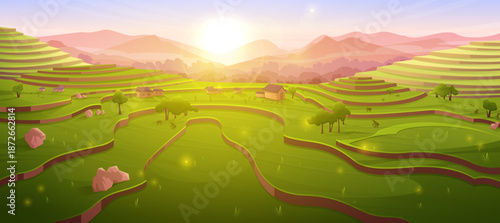 Terraced Rice Fields at Sunrise – Green Farmland Landscape Illustration