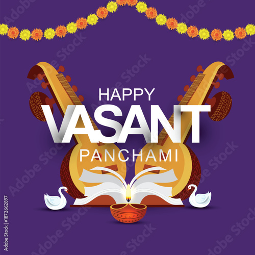 Happy Vasant Panchami - poster template design with veena and book