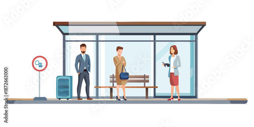 People waiting at a bus stop with a no parking sign visible