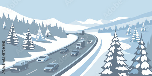 Winter roadway scene with vehicles traveling through a snowy mountain landscape