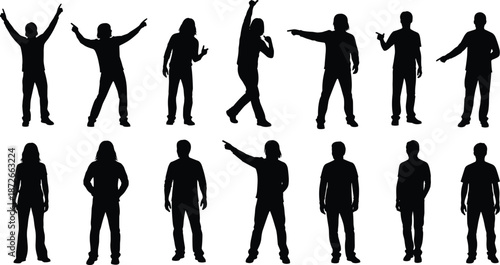 Set of people silhouettes, men and women pointing, celebrating success, standing casual poses, human action vector icons isolated on white background.