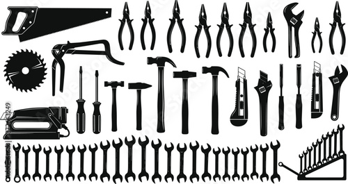 Set of professional hardware tool silhouettes, industrial construction equipment icons, handyman DIY repair tools, carpenter saw and hammer isolated on white.