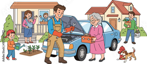 Neighborhood activity, community teamwork, car repair, gardening child, grocery delivery, family porch, dog drinking, helpful neighbors, outdoor scene, kindness, cooperation, diverse people