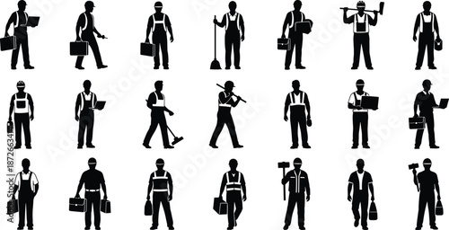 Set of professional worker silhouettes, construction repairman holding tools, handyman standing with briefcase, industrial maintenance staff icons, isolated on white background.