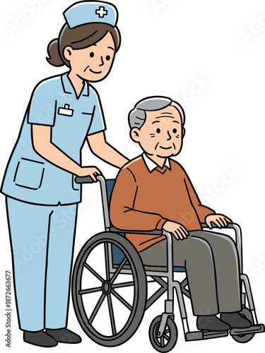 Nurse assisting elderly man, wheelchair support, healthcare service, senior care moment, medical professional helping, compassionate caregiving, mobility aid, aging support, hospital scene, kindness