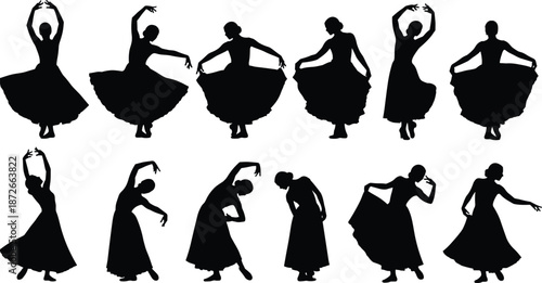 Set of traditional female dancer silhouettes, elegant folk dance poses, woman in long flowing dress, expressive cultural performance icons, isolated.