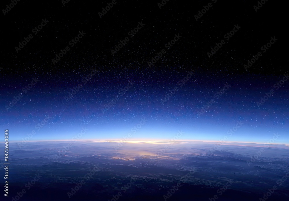 Fototapeta premium Expansive view of Earth's luminous horizon from space, with stars dotting the dark cosmos
