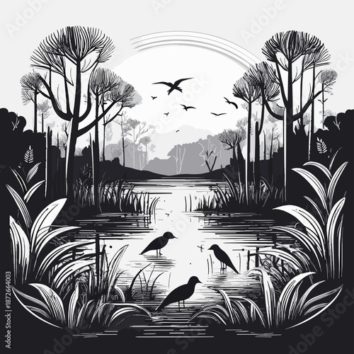 Flat vector illustration of a healthy wetland ecosystem with shallow water, mangrove trees, reeds, water birds, lotus plants, and aquatic life.