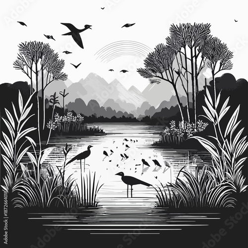 Flat vector illustration of a healthy wetland ecosystem with shallow water, mangrove trees, reeds, water birds, lotus plants, and aquatic life.