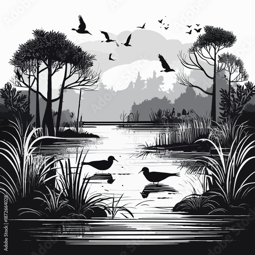 Flat vector illustration of a healthy wetland ecosystem with shallow water, mangrove trees, reeds, water birds, lotus plants, and aquatic life.