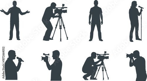 Videographer and reporter silhouettes set, camera operator filming, journalist with microphone, media production collection, photographer, broadcasting icons, black vector, isolated.