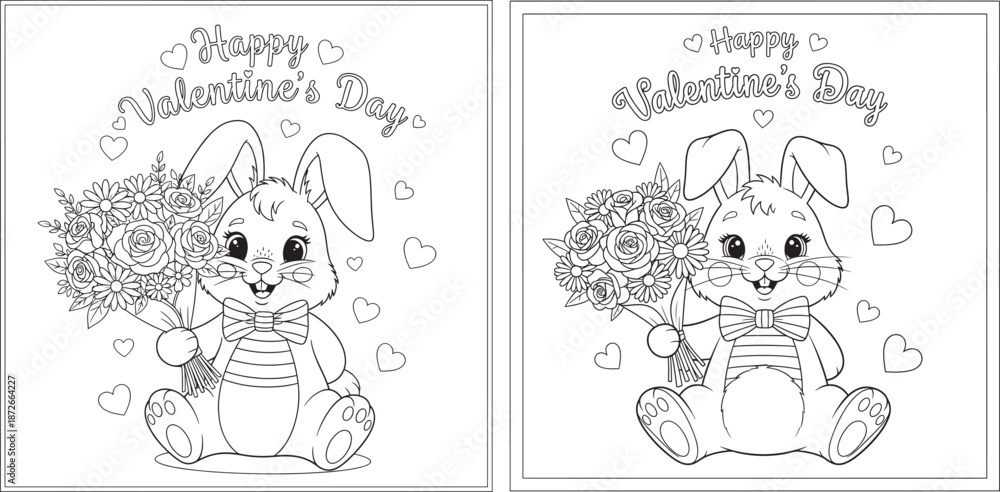 Fototapeta premium Adorable coloring page featuring a cartoon bunny holding a flower bouquet with Happy Valentine's Day greeting.