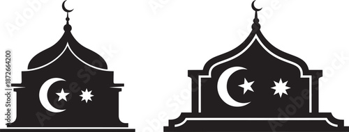 Black silhouettes of mosque architecture with domes and crescent moon symbols, Islamic religious building icons.