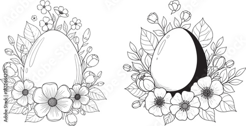 Line art of two Easter eggs decorated with spring flowers and leaves, seasonal holiday botanical coloring page.