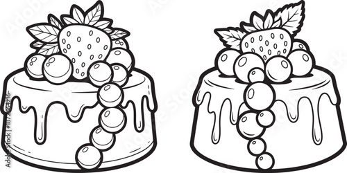 Hand drawn outlines of two delicious puddings topped with large strawberries and blueberries, sweet dessert illustration.