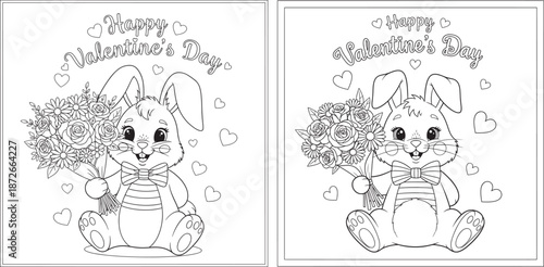 Adorable coloring page featuring a cartoon bunny holding a flower bouquet with Happy Valentine's Day greeting.
