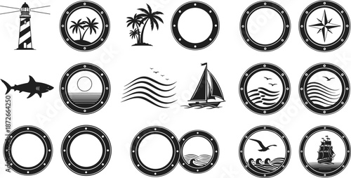 Nautical collection of black porthole frames and maritime icons including lighthouse, shark, sailboat, palm trees, waves, compass, and seagull silhouettes.