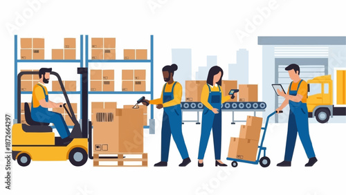 Warehouse workers loading boxes onto a truck with a forklift.