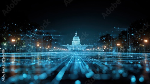 Futuristic digital visualization of the United States Capitol building at night with glowing blue data grid and circuit lines representing government technology and cybersecurity