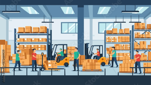 Warehouse workers loading boxes with forklifts and pallet jacks.