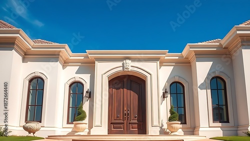 Elegant doorway of a luxury home, architectural detail, blue sky background.
