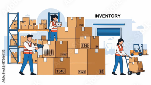 Warehouse workers managing inventory and packages in a distribution center.