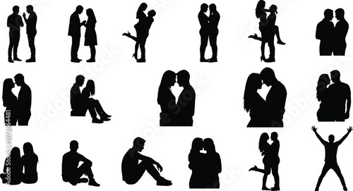 Romantic couple silhouette set, lovers hugging, kissing, and embracing, man and woman relationship poses, partnership icons for wedding and lifestyle designs.