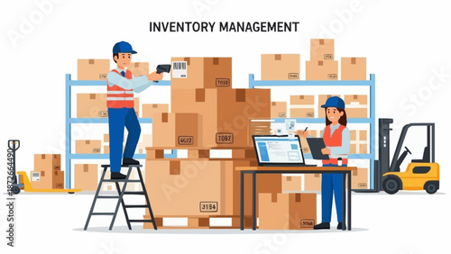 Warehouse workers managing inventory with boxes and forklift.