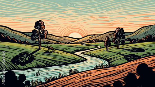 A serene landscape with a winding river and a setting sun.